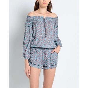 Poupette St Barth Clara Romper M Blue Pink White Floral Tassel Tie Off Shoulder